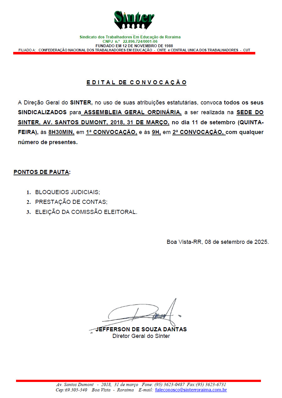 Leia mais sobre o artigo Edital de Convocação AssembleIa Geral – SINTER